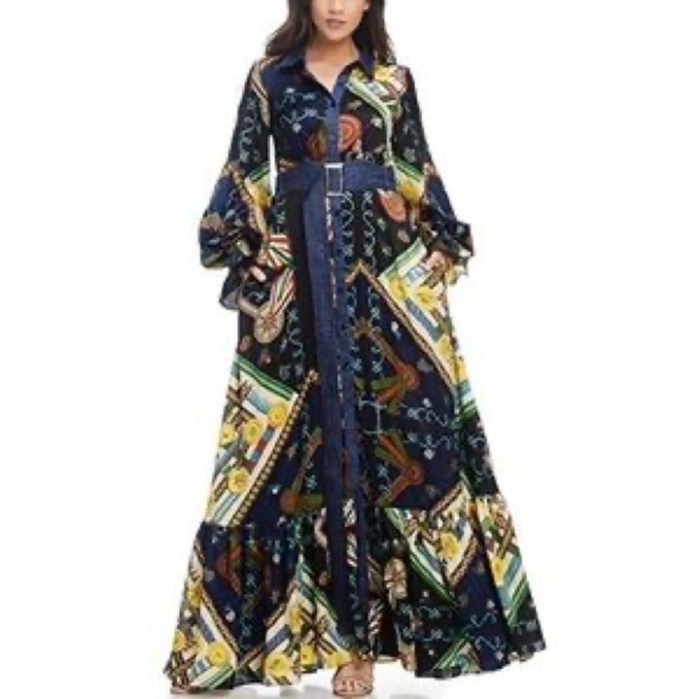 Printed Denim Trim Maxi Shirtdress NWT